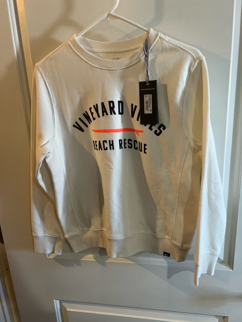 Vineyard Vines White Sweatshirt with Navy Logo and Coral Accent